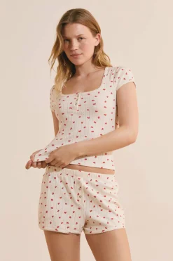 T-shirt z krótkim rękawem i wzorzystą bawełną pointelle