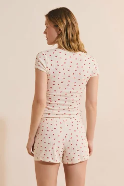 T-shirt z krótkim rękawem i wzorzystą bawełną pointelle
