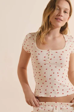T-shirt z krótkim rękawem i wzorzystą bawełną pointelle